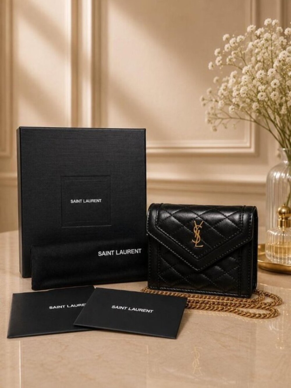 Authentic Saint Laurent YSL Envelope Compact Wallet Black Quilted Leather